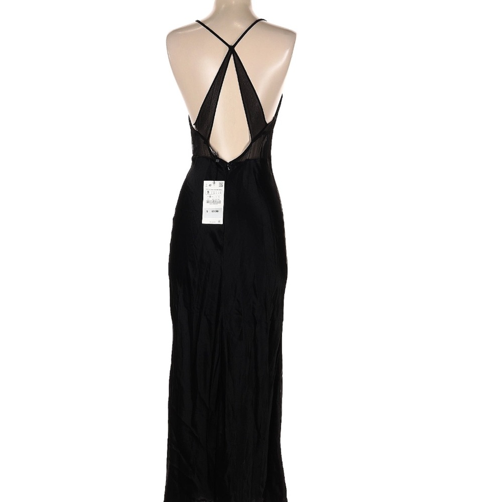 Zara black satin lace appliqué & mesh midi dress with open back